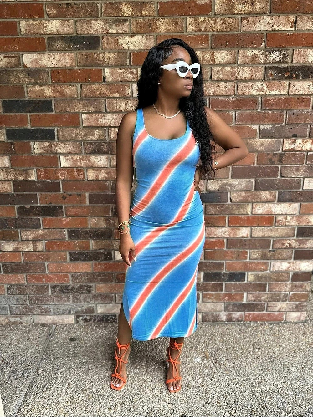 Color Block Midi Dress in Blue & Orange